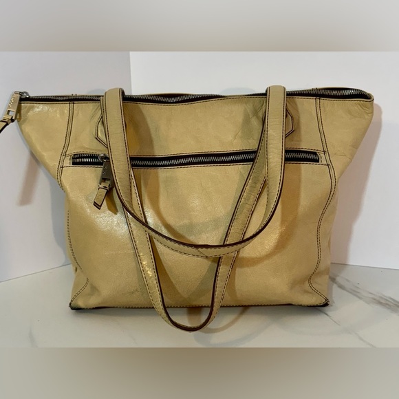 Hobo International Leather Tote Shoulder Bag Purse Taupe Ivory Silver 17” x 11” - Picture 1 of 11
